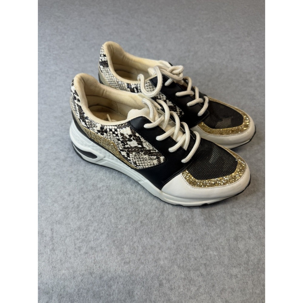 Steve Madden Sneakers Womens Sz 6 M Cliff Gold Color Glitter Faux Snake Print